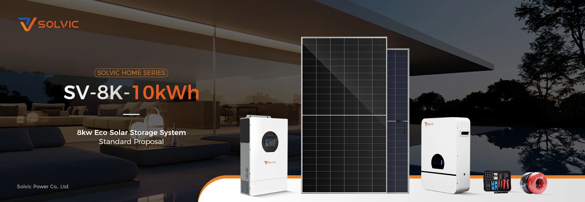 Solvic 8kW split phase solar storage system poster – US residential house with rooftop solar panels, wall-mounted hybrid inverter and battery, providing 120/240V backup power for whole home in North America